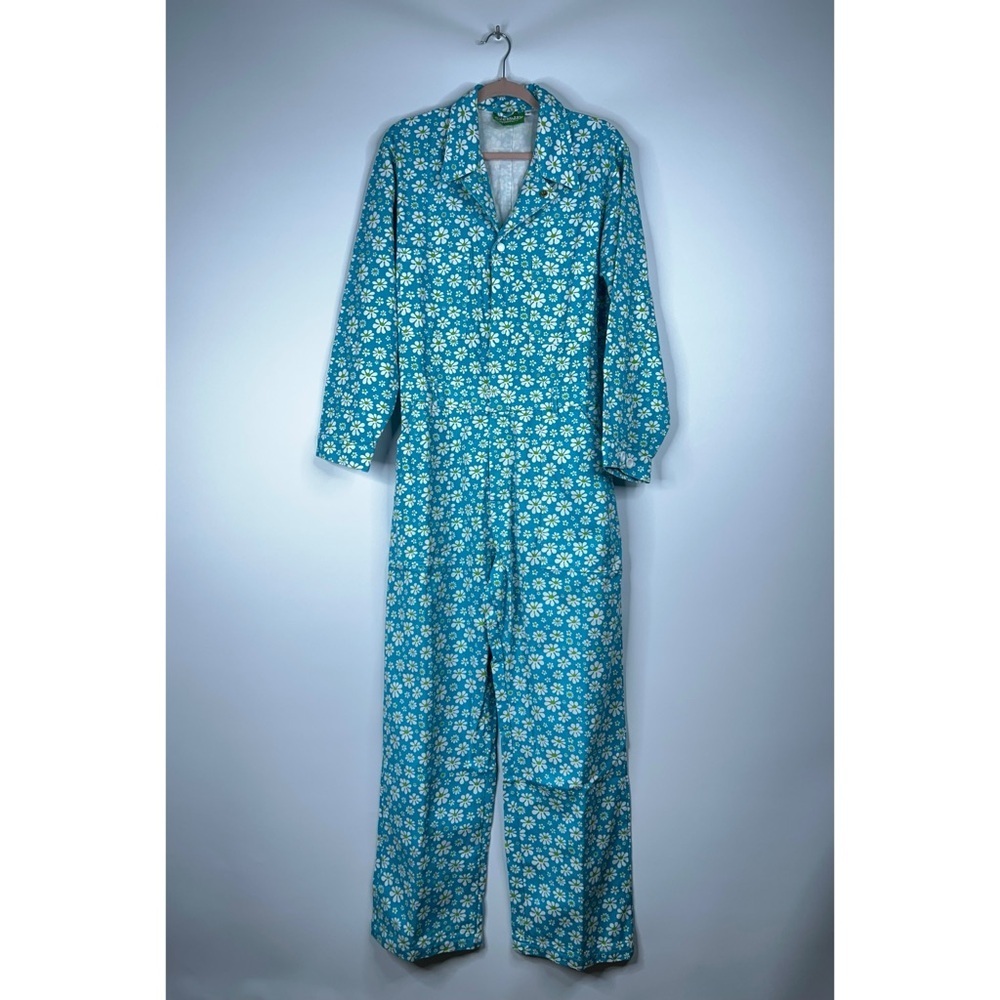 Big Bud Press Daisy Print Jumpsuit Blue Long Sleeve Cotton Twill Utility Large